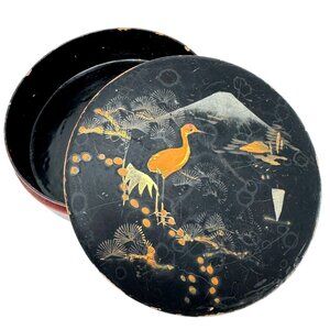 Japanese Lacquered Trinket Box Crane Mt. Fuji Design Round 5" Diameter Vintage